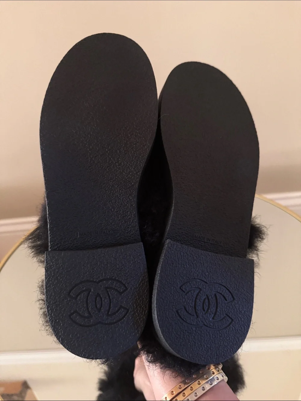 Chanel Black Suede Real Fur Shearling Clogs Mules Sz 40